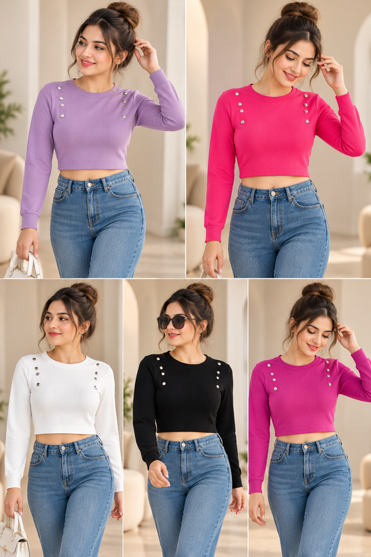 Button Designed Round Neck Full Sleeve Top FC2612