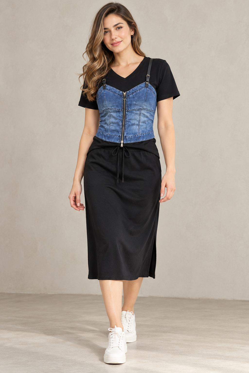 Half Denim And Lycra Top With A- Line Skirt FC2605