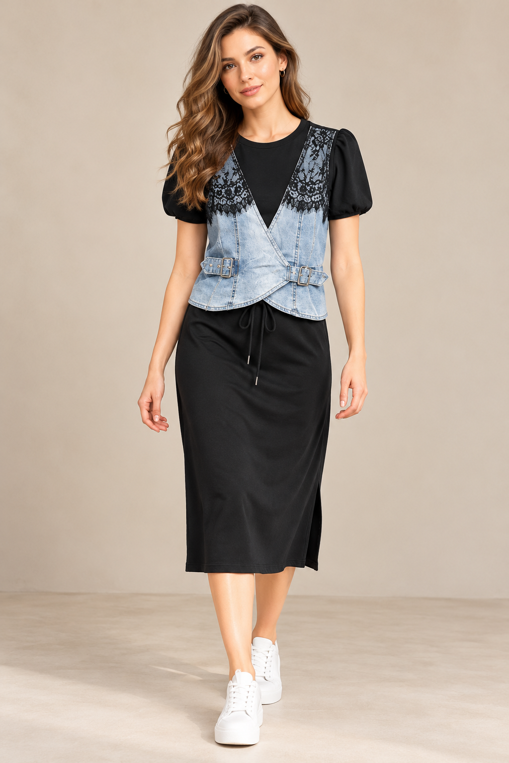 Half Denim And Lycra Top With A- Line Skirt FC2605