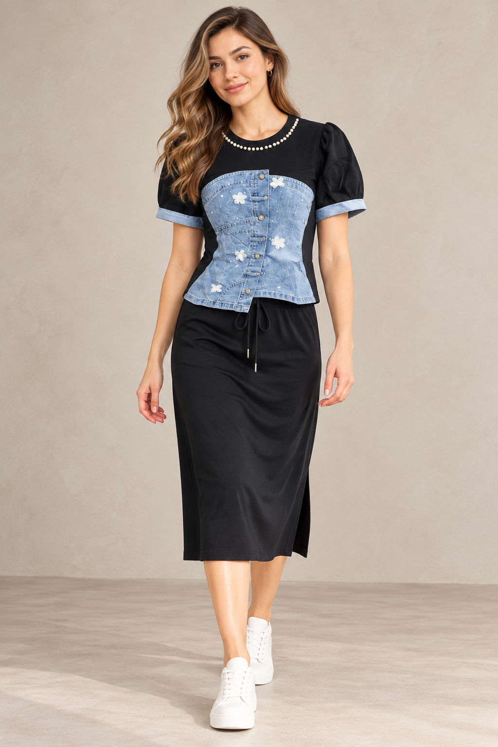 Half Denim And Lycra Top With A- Line Skirt FC2605