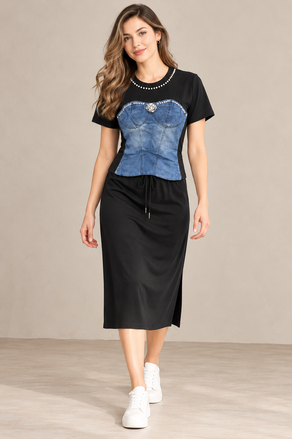 Half Denim And Lycra Top With A- Line Skirt FC2605