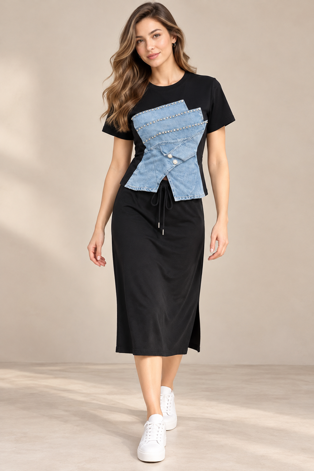 Half Denim And Lycra Top With A- Line Skirt FC2605