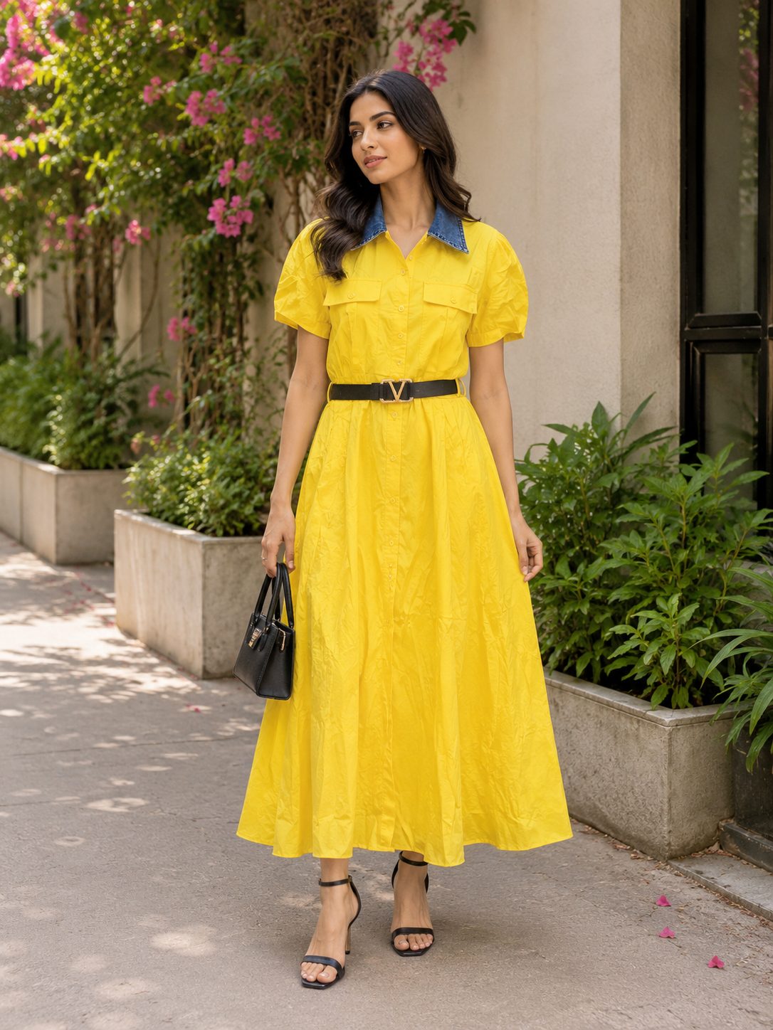 Denim Collar Belted A-Line Maxi Dress FC2489