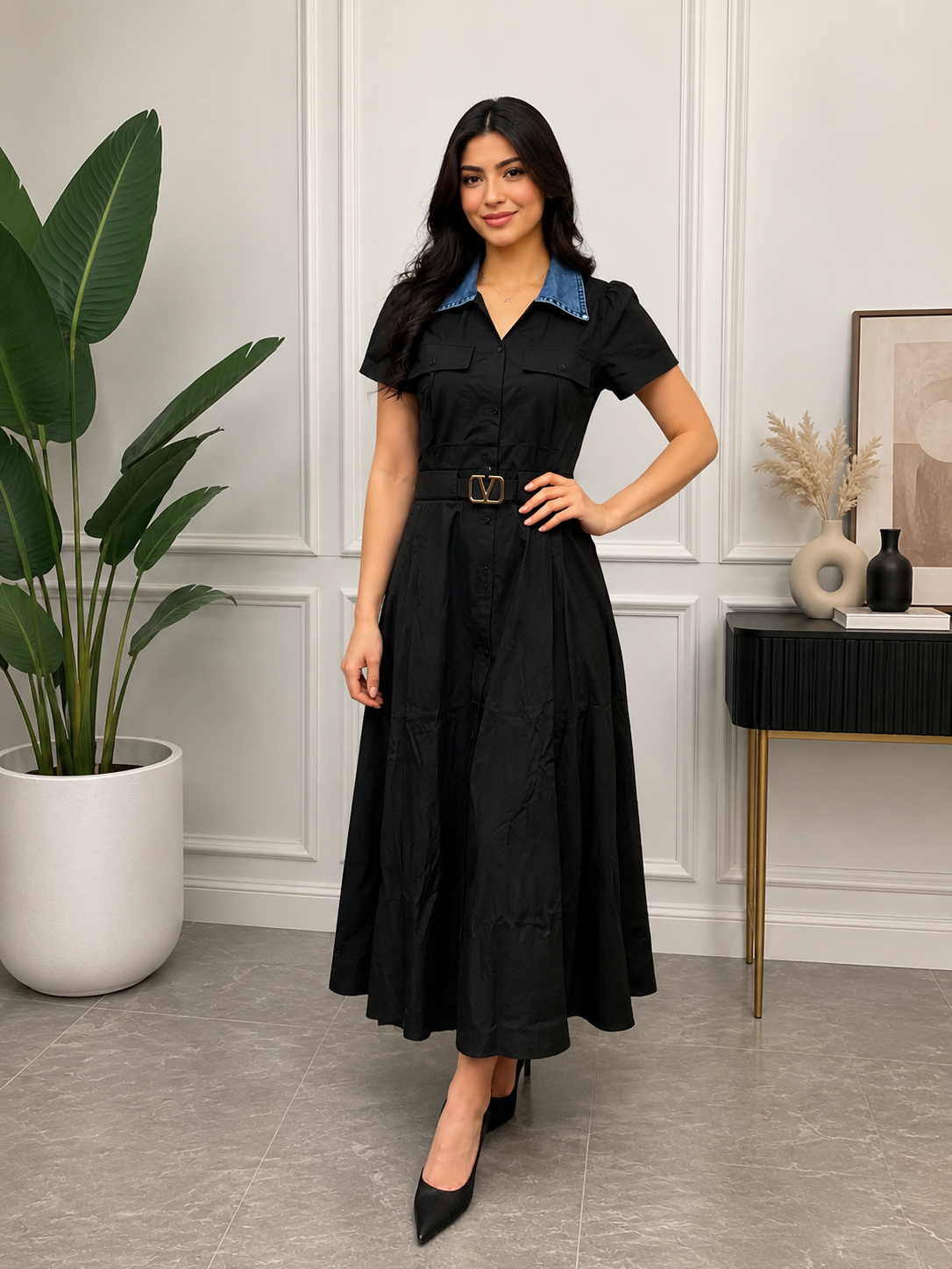 Denim Collar Belted A-Line Maxi Dress FC2489
