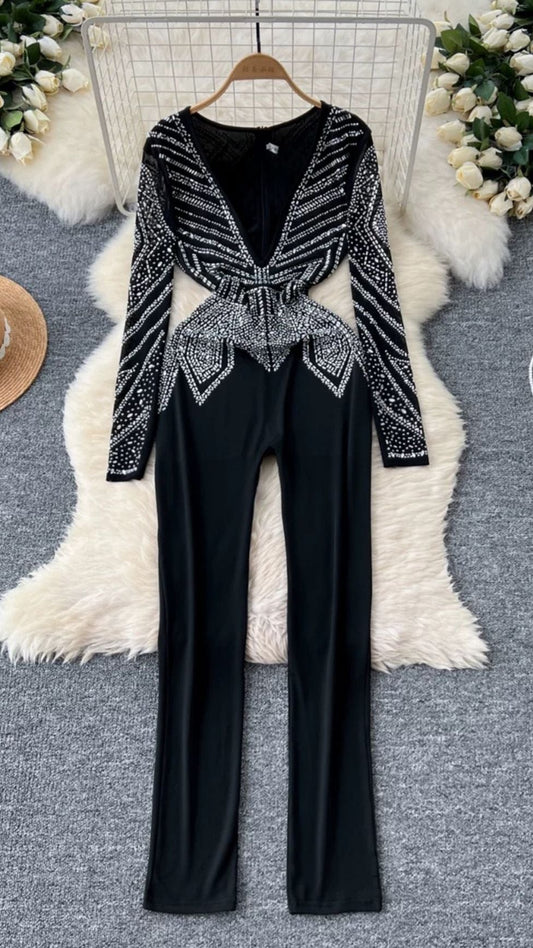 Rhinestone Deep V Neck Jumpsuit FC1451