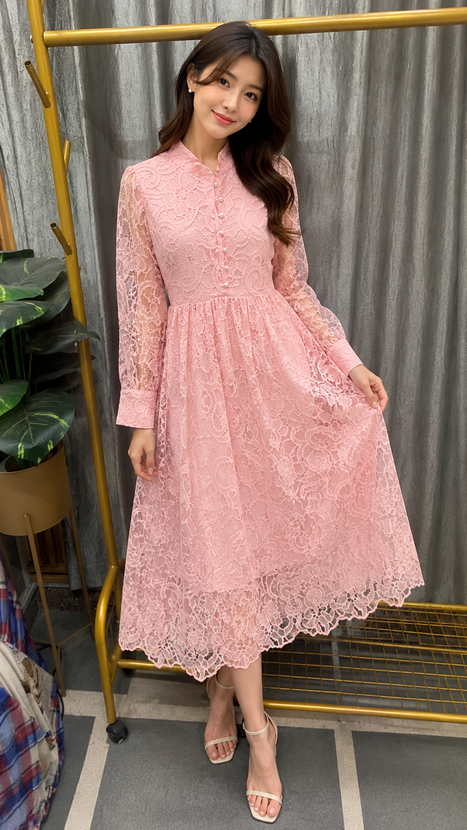 High Collar Pearl Button Flower Net Maxi Dress FC2500