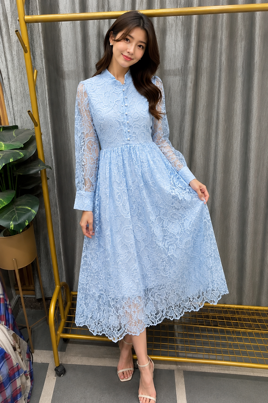 High Collar Pearl Button Flower Net Maxi Dress FC2500