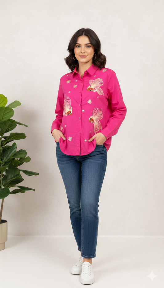 Fish Embroidery Designed Cotton Shirt FC2150