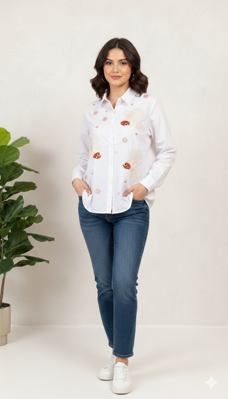 Fish Embroidery Designed Cotton Shirt FC2150