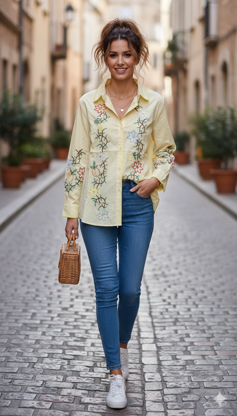Floral Embroidery Designed Front And Sleeve Cotton Shirt FC2149