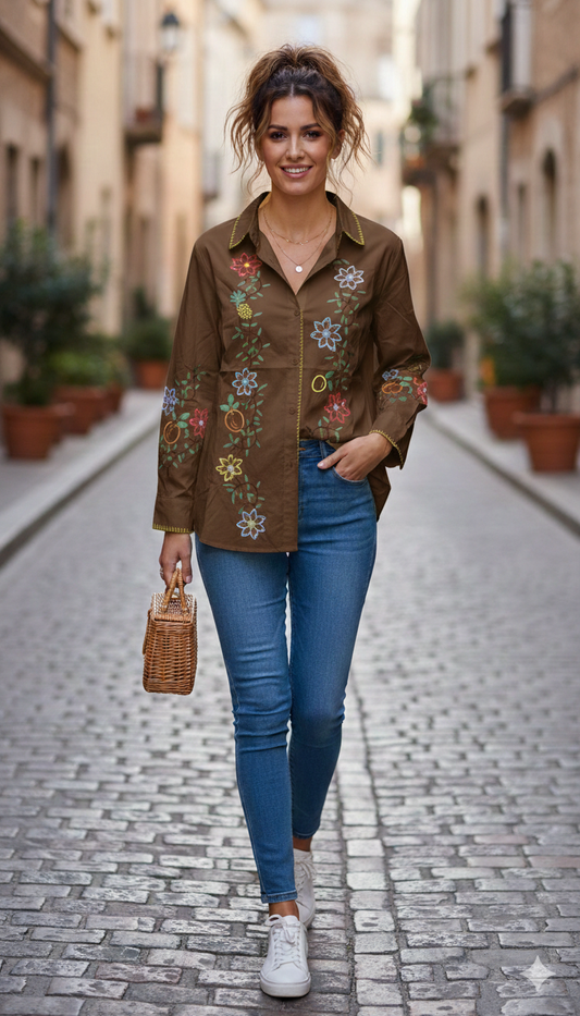 Floral Embroidery Designed Front And Sleeve Cotton Shirt FC2149