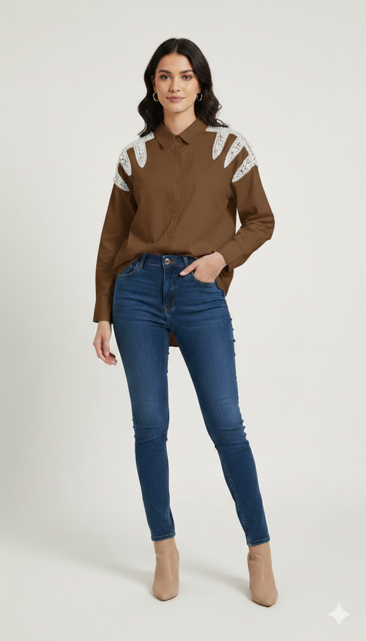 Pearl Designed Shoulder Cotton Shirt FC2145