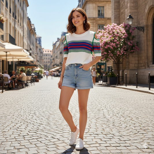 Fc Diamond Stripe Off-The-Shoulder Short-Sleeved T-Shirt Top