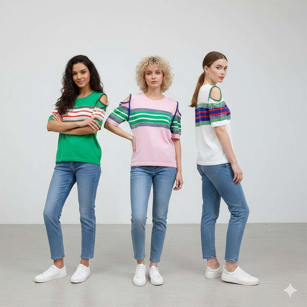 Fc Diamond Stripe Off-The-Shoulder Short-Sleeved T-Shirt Top