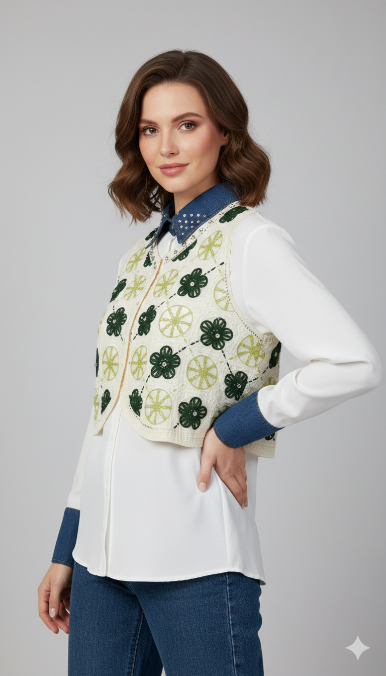 Crochet Crop Jacket With Plain Shirt FC1845