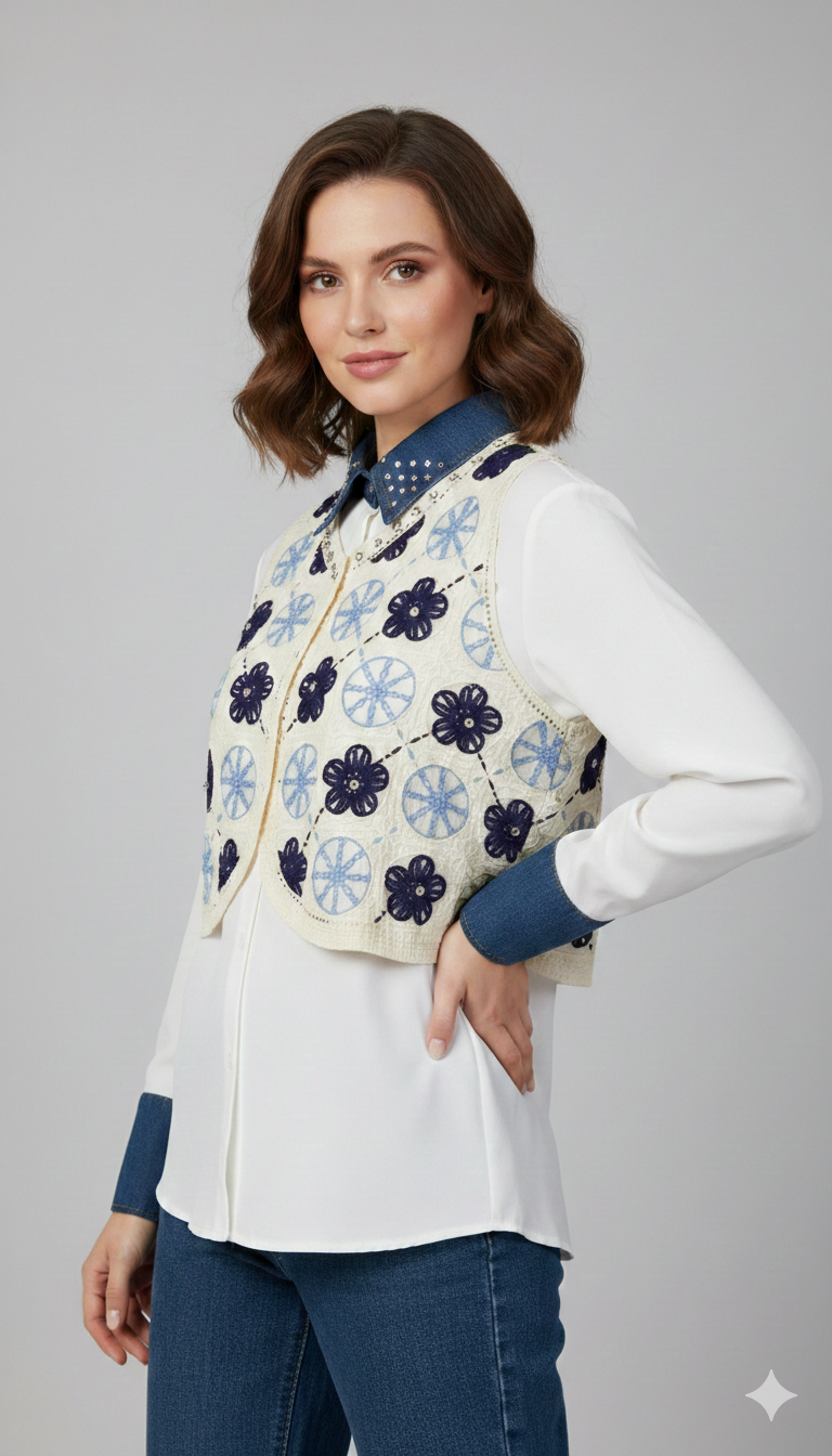 Crochet Crop Jacket With Plain Shirt FC1845