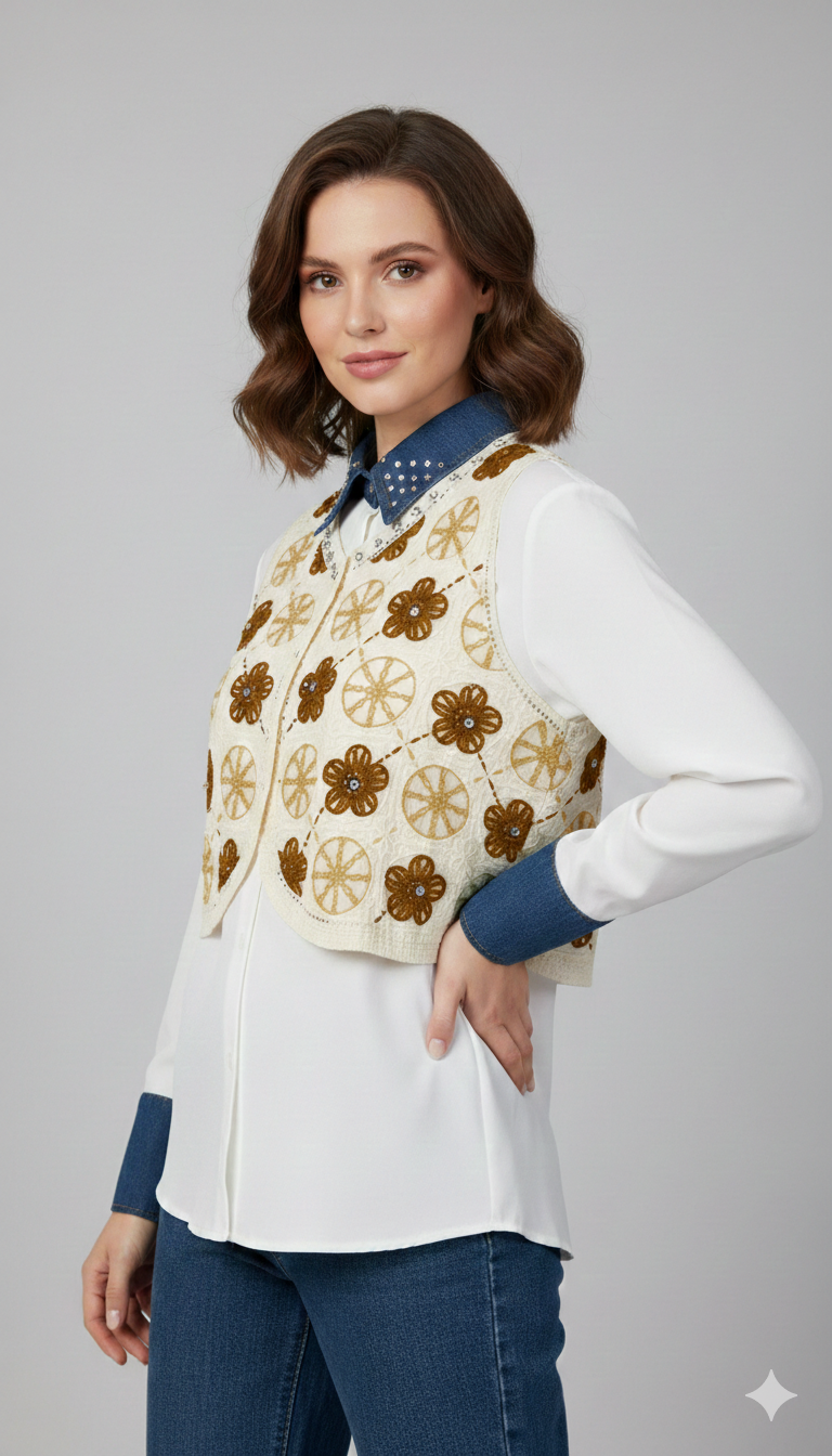 Crochet Crop Jacket With Plain Shirt FC1845