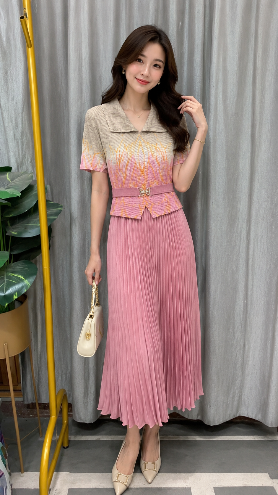 Dual Color Broad Color Wrinkle Dress FC2509