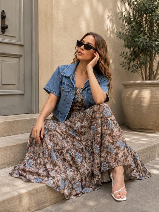 Denim Jacket With Printed Ruffle Dress FC2508