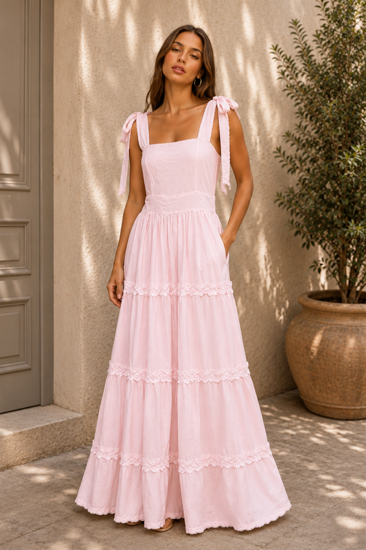 Tie Knot Sleeve Lace Designed Maxi Dress FC2512