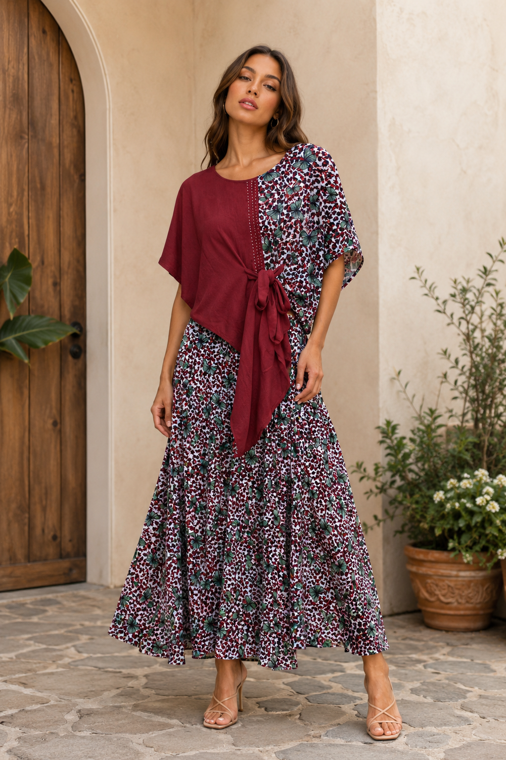 Half Printed Top With Printed Wrinkle Skirt FC2513
