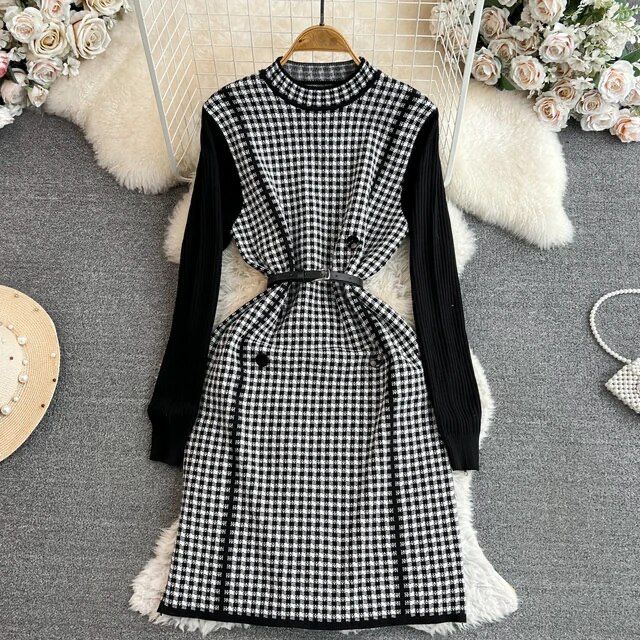 Knitting Dress With Block Pattern Black