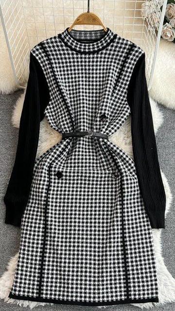 Knitting Dress With Block Pattern Black