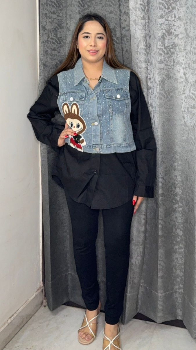 Labubu Printed Half Denim Shirt FC1838