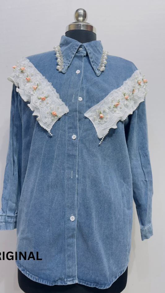 Lace Design On Shoulder Denim Shirt FC1474