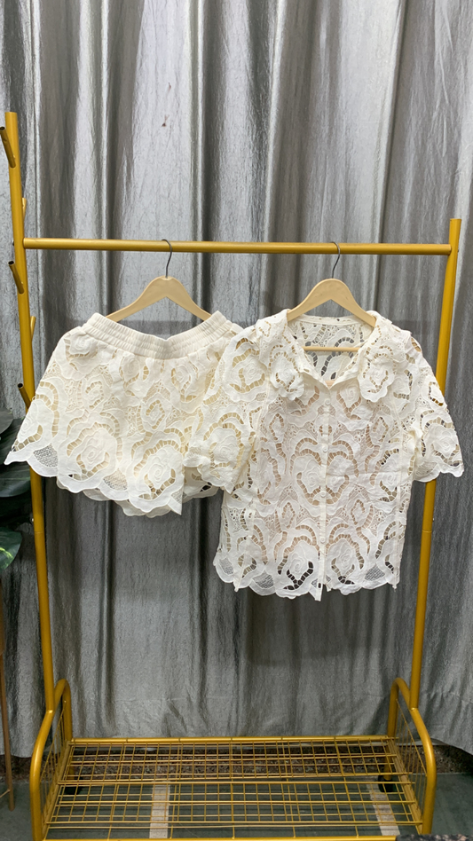 Lace Design Top And Shorts Coord Set FC2458