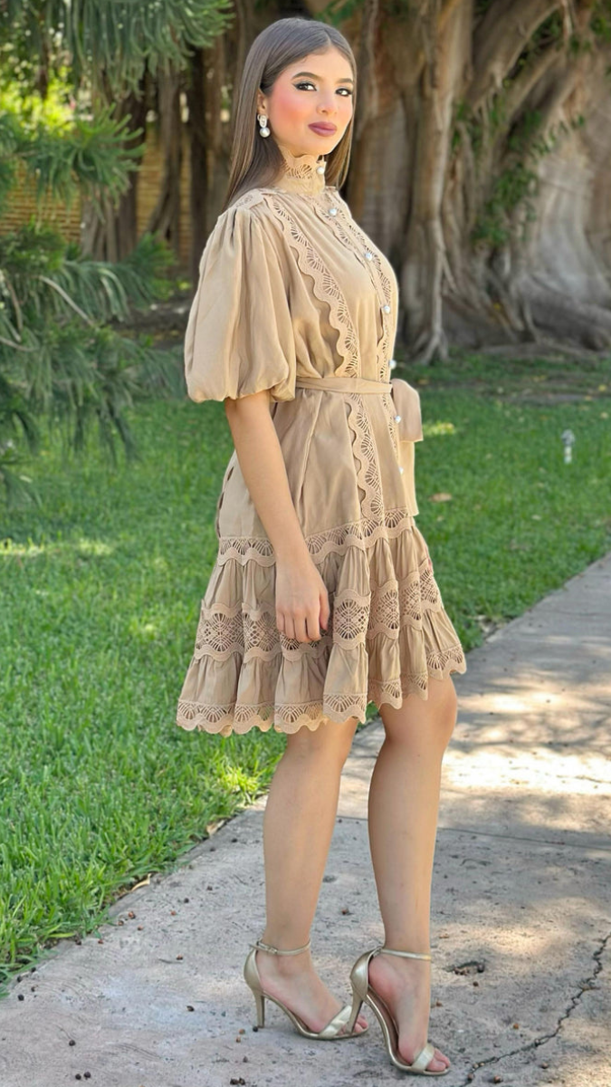 Lace Designed Balloon Half Sleeve Mini Dress FC2162
