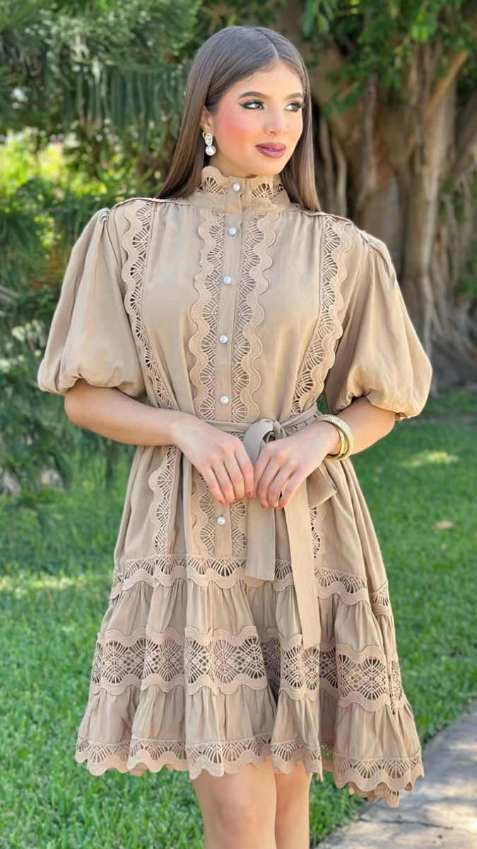 Lace Designed Balloon Half Sleeve Mini Dress FC2162