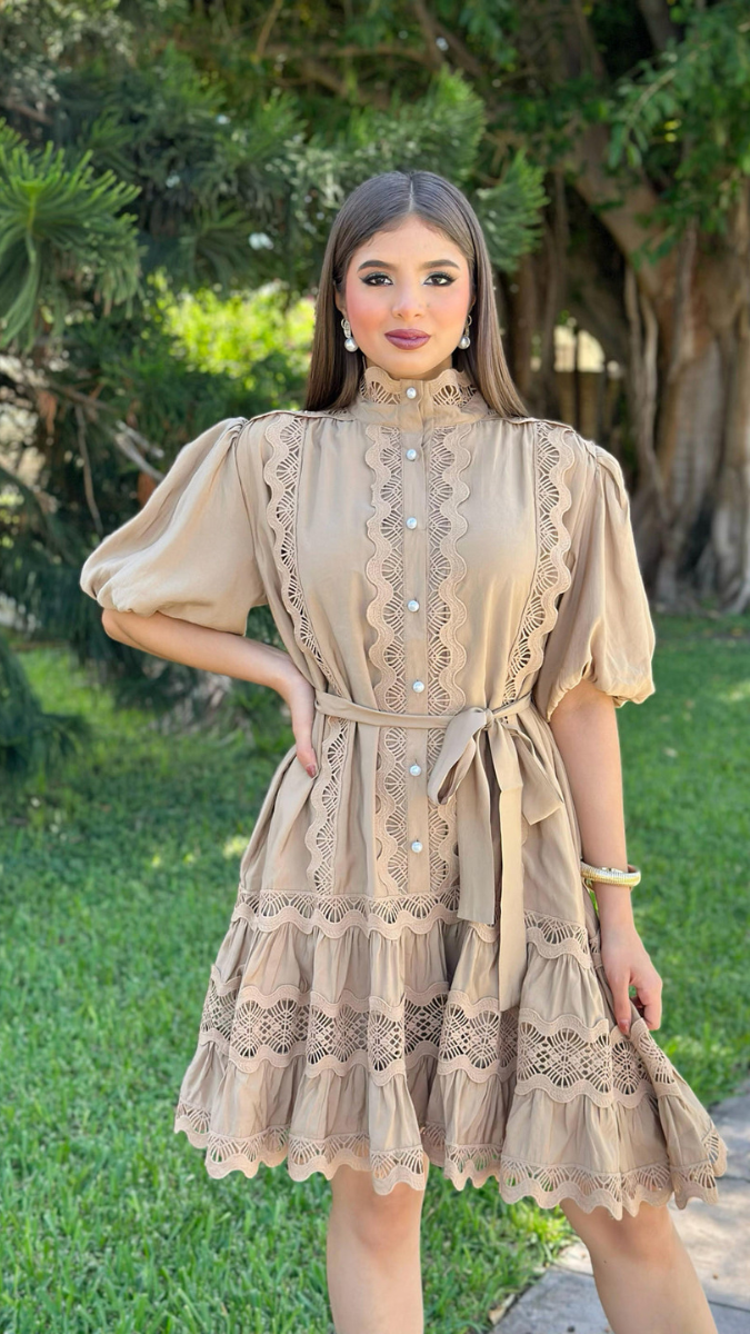Lace Designed Balloon Half Sleeve Mini Dress FC2162