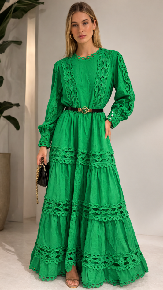 Lace Designed Balloon Sleeve Maxi Dress FC2288