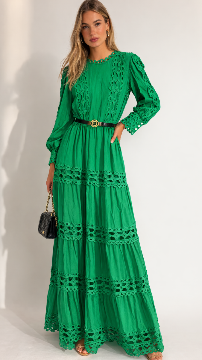 Lace Designed Balloon Sleeve Maxi Dress FC2288