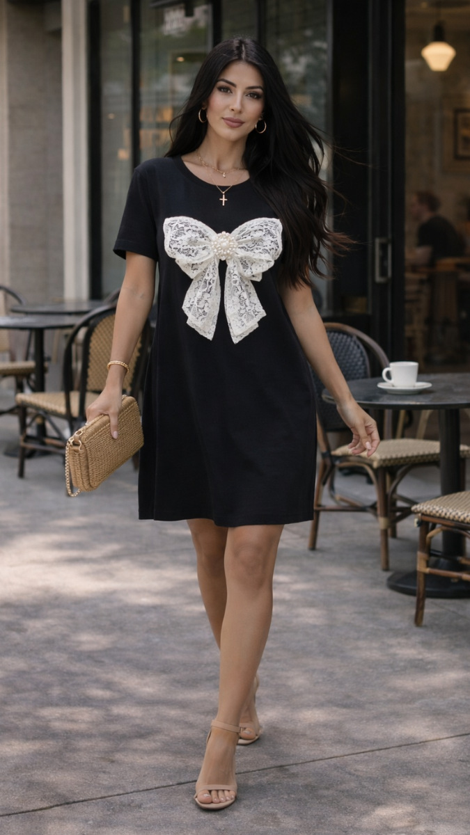 Lace Designed Bow Embedded With Pearl A- Line Dress FC2335