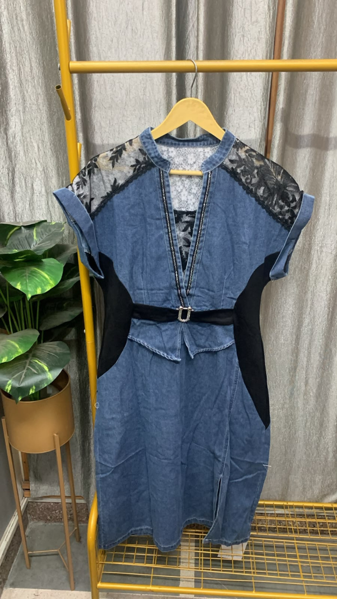 Lace Designed Front Slit Denim Midi Dress FC2607