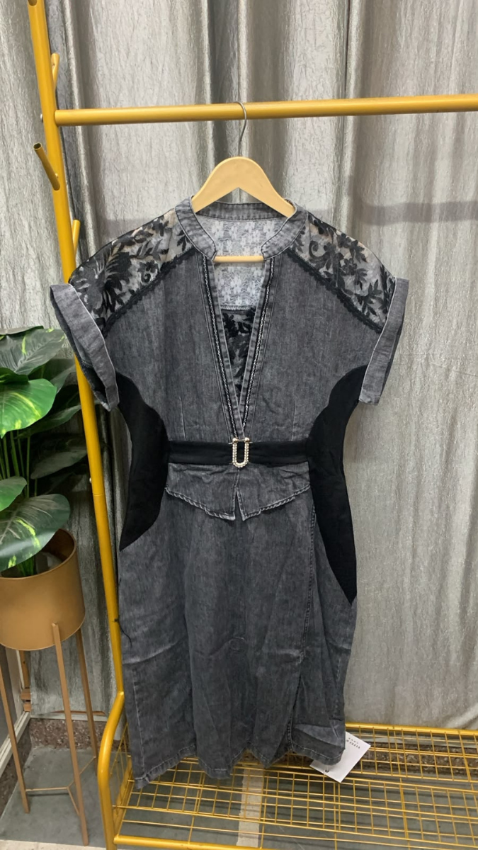 Lace Designed Front Slit Denim Midi Dress FC2607
