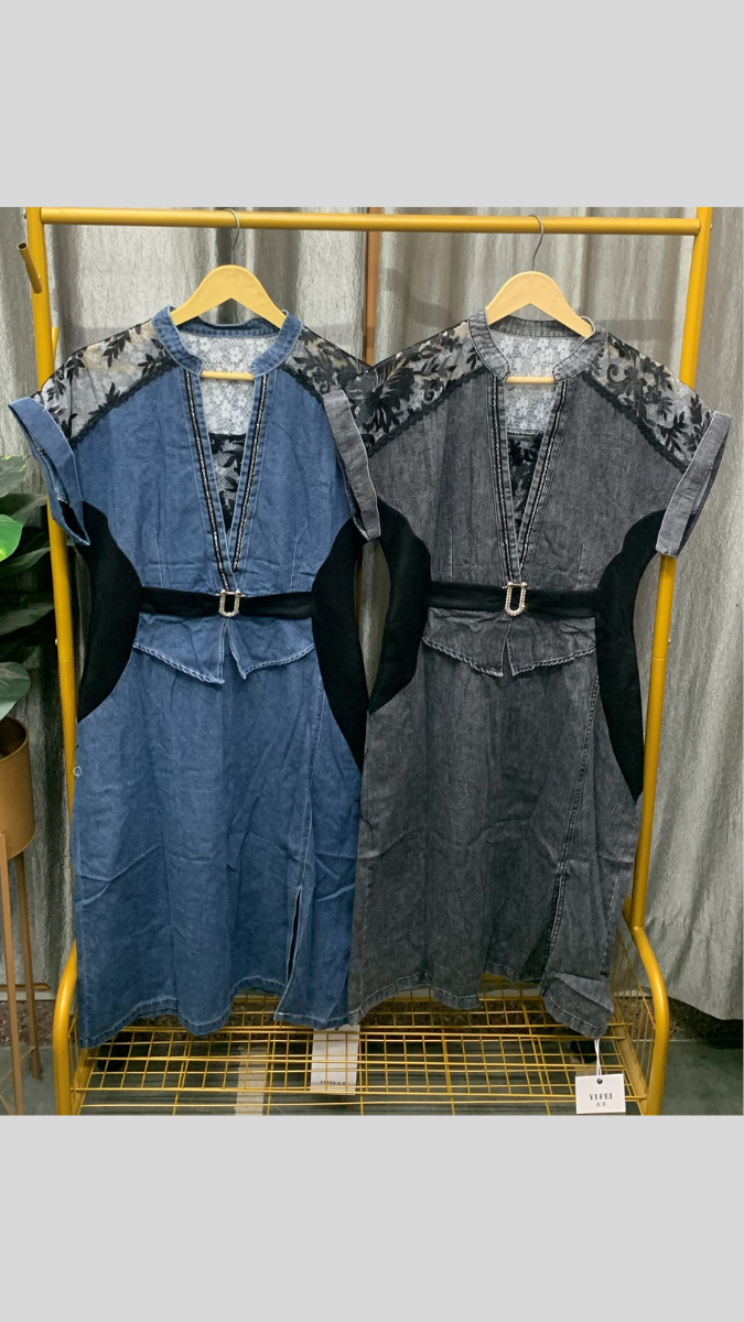 Lace Designed Front Slit Denim Midi Dress FC2607