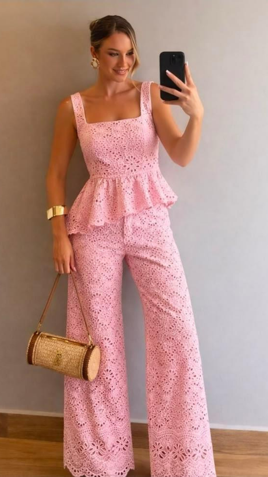 Lace Designed Peplum Top And Pant Coord Set FC2425