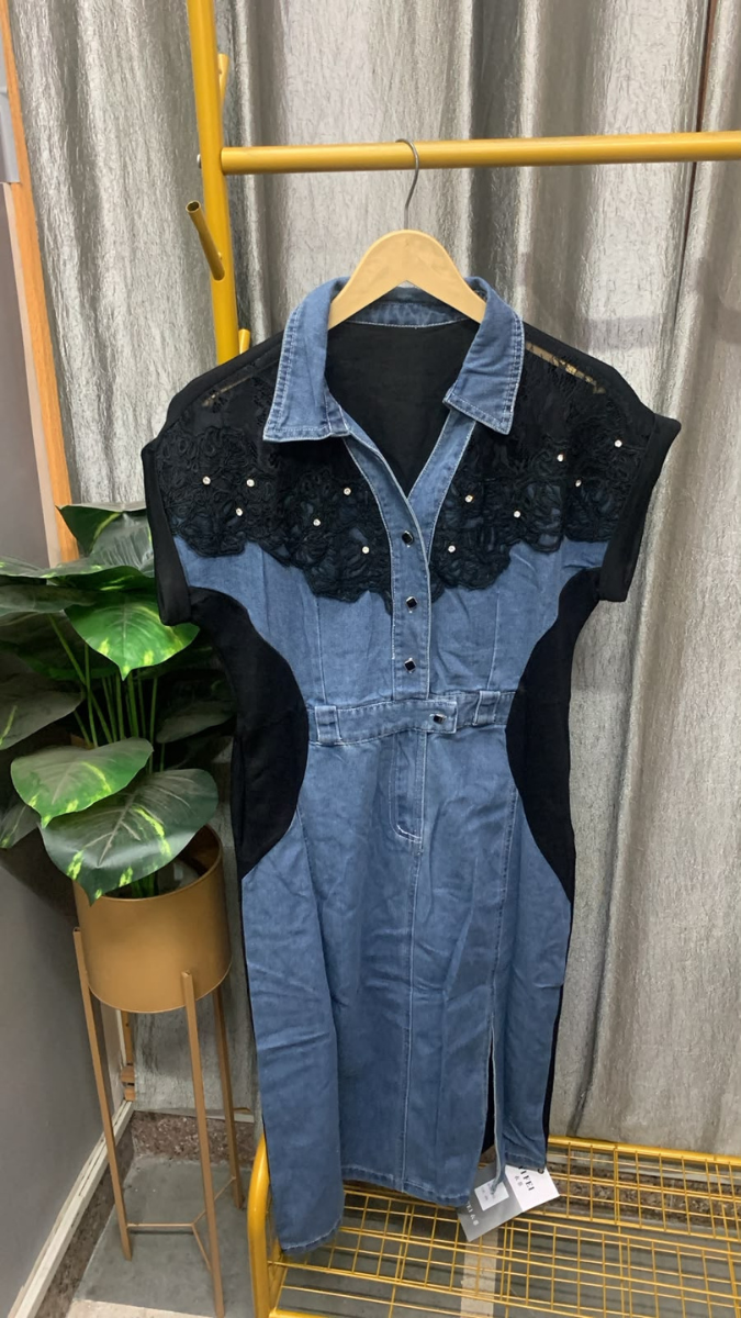 Lace Designed Shoulder Denim Midi Dress FC2606