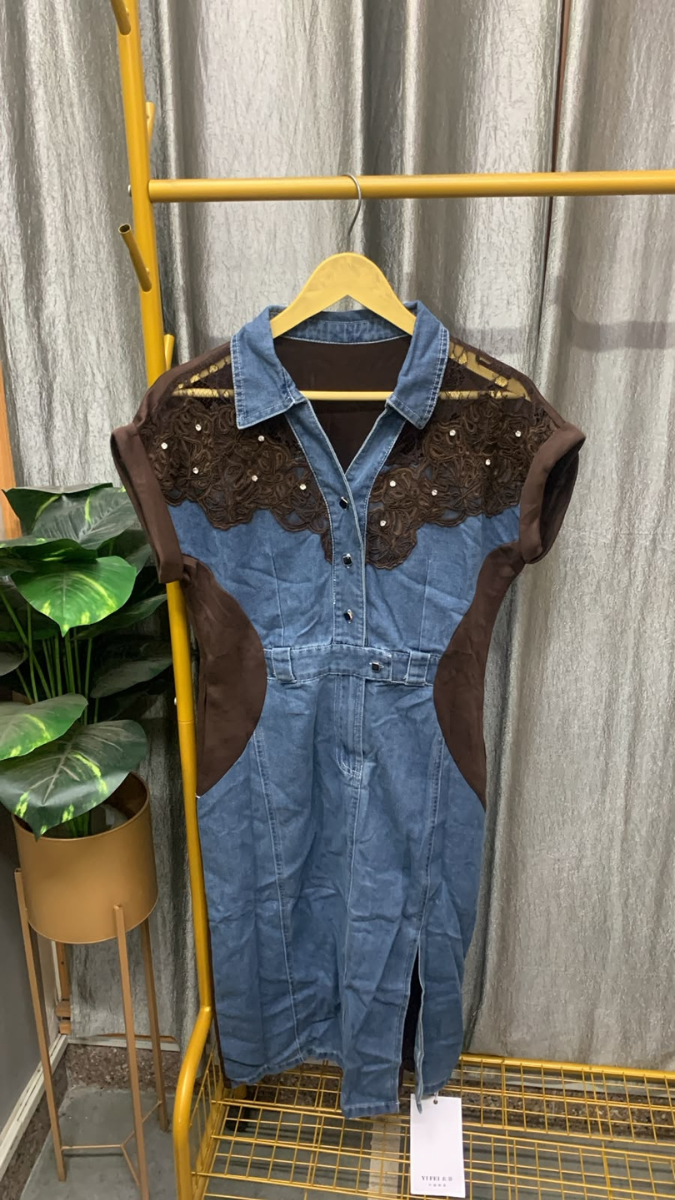 Lace Designed Shoulder Denim Midi Dress FC2606