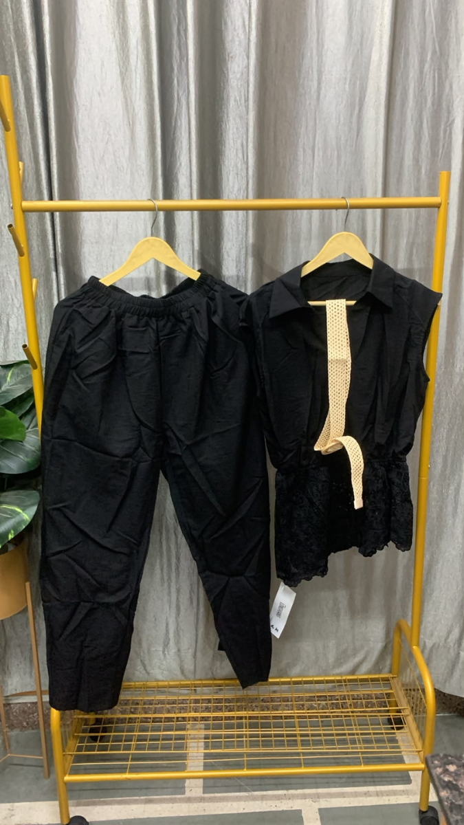 Lace Designed Sleeveless Long Top With Pant With Belt Coord Set FC2584