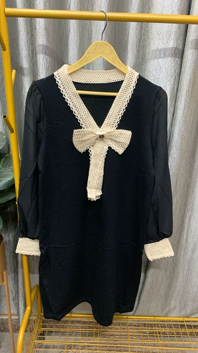 Lace Neckline Mini Dress With Bow FC2338