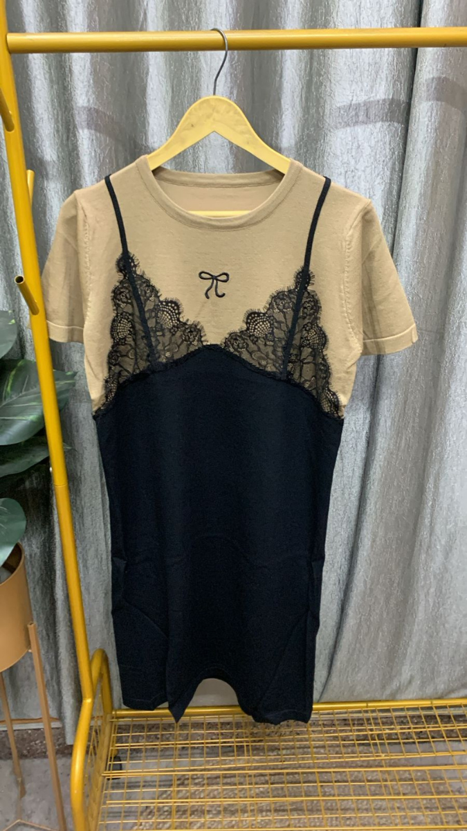 Lace Patchwork Round Neck Short-sleeved T-shirt Dress FC2336