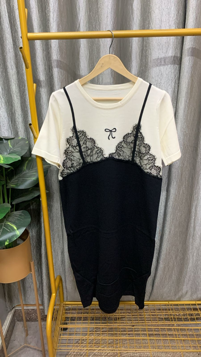 Lace Patchwork Round Neck Short-sleeved T-shirt Dress FC2336