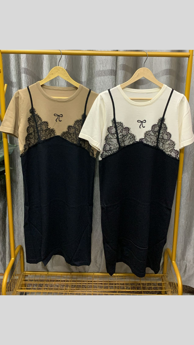 Lace Patchwork Round Neck Short-sleeved T-shirt Dress FC2336