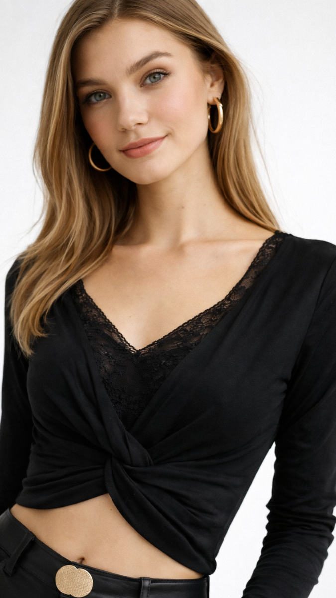 Lace V Neckline Twisted Crop Top FC2317