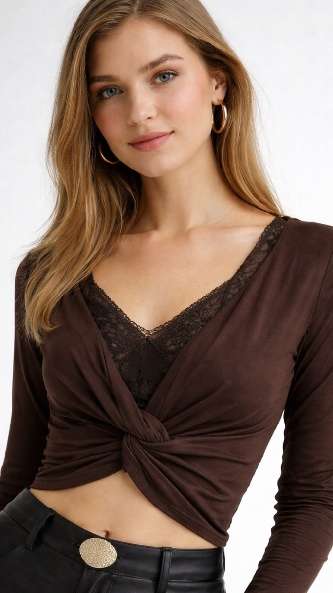 Lace V Neckline Twisted Crop Top FC2317