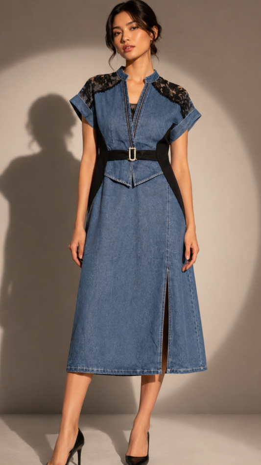 Lace Designed Front Slit Denim Midi Dress FC2607
